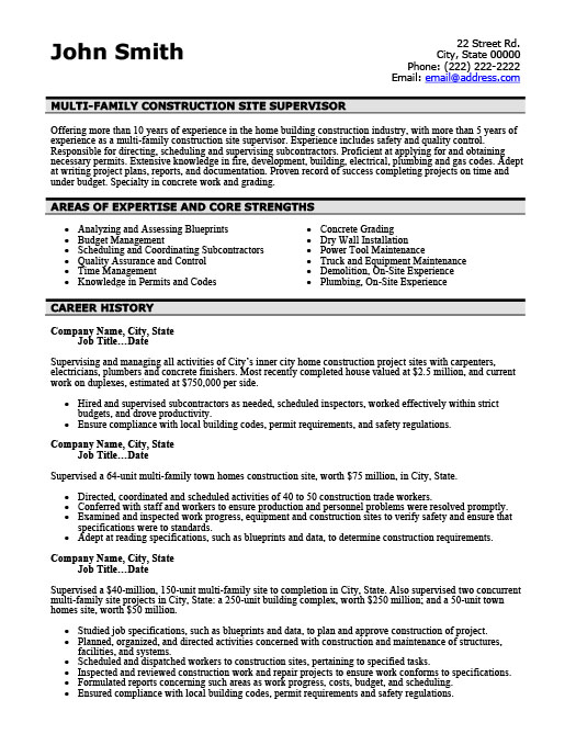 Construction Site Supervisor Resume Template Premium Resume Samples 